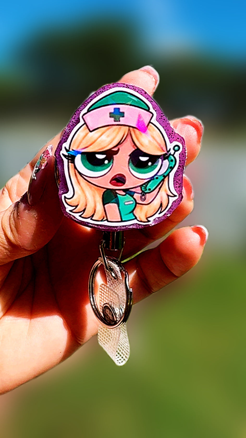 Personalized Holographic Powerpuff Nurse Badge Reel | Heavy Duty Retractable ID Badge Reel