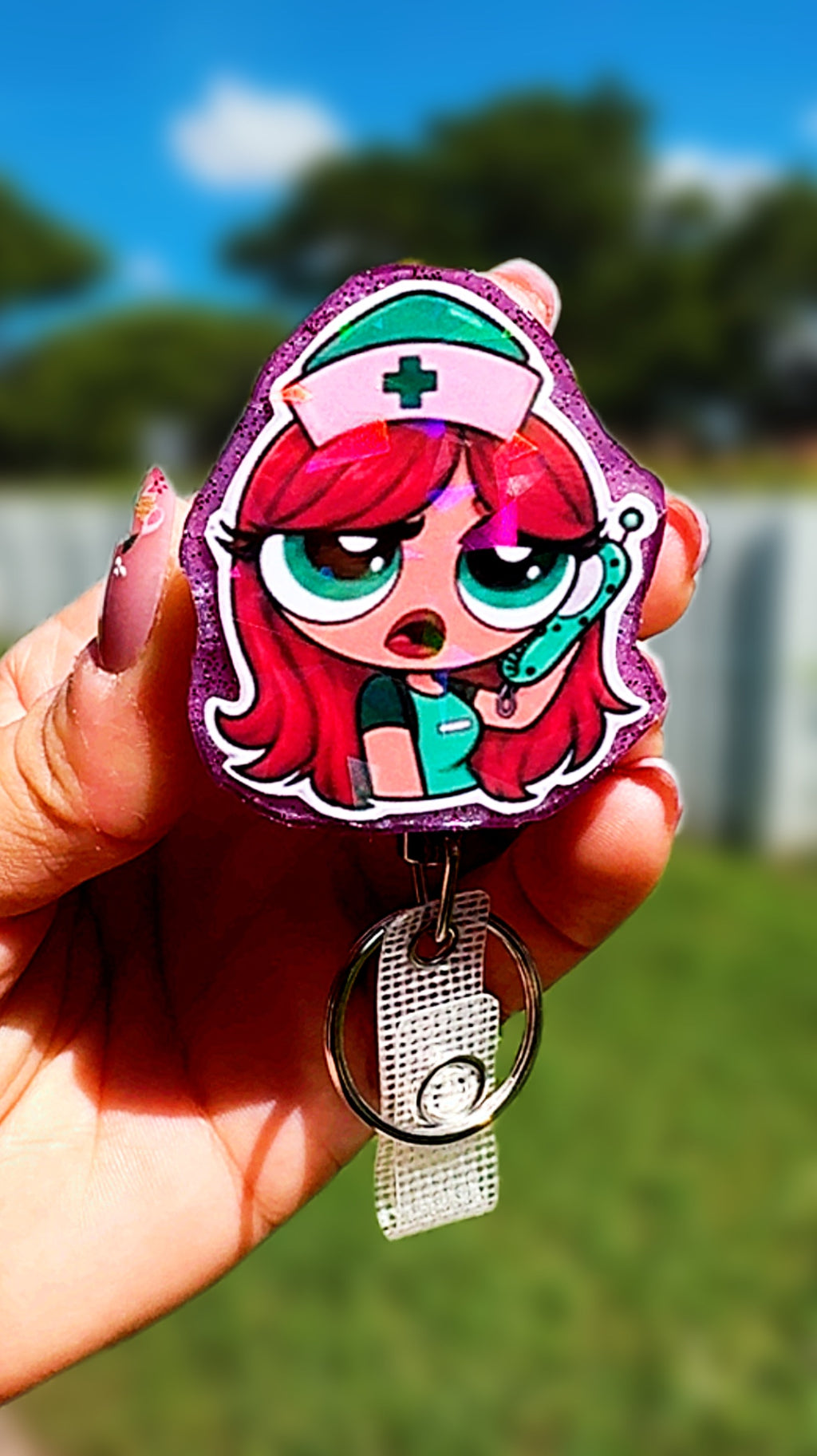 Personalized Holographic Powerpuff Nurse Badge Reel | Heavy Duty Retractable ID Badge Reel