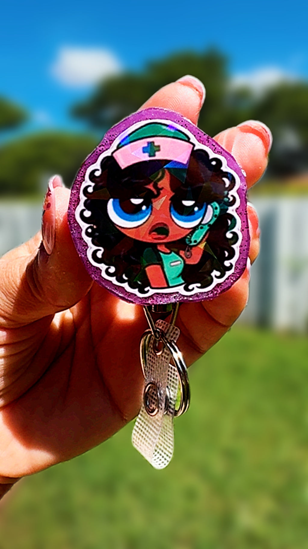 Personalized Holographic Powerpuff Nurse Badge Reel | Heavy Duty Retractable ID Badge Reel