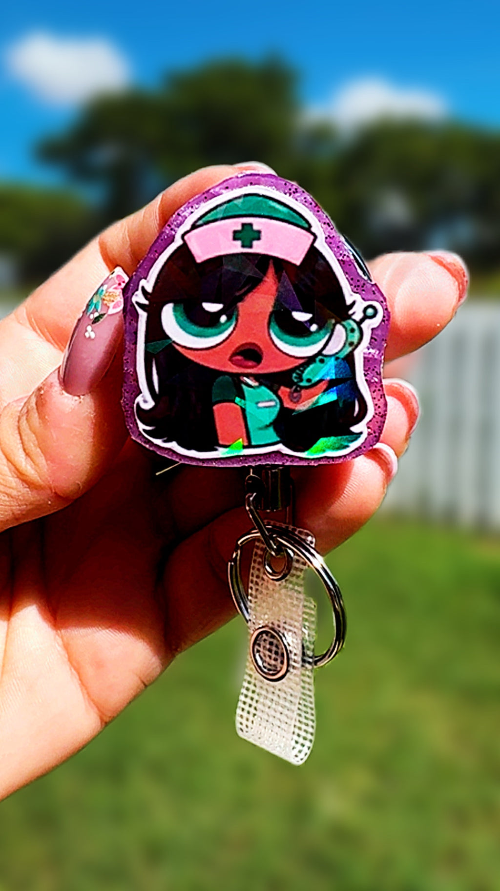 Personalized Holographic Powerpuff Nurse Badge Reel | Heavy Duty Retractable ID Badge Reel