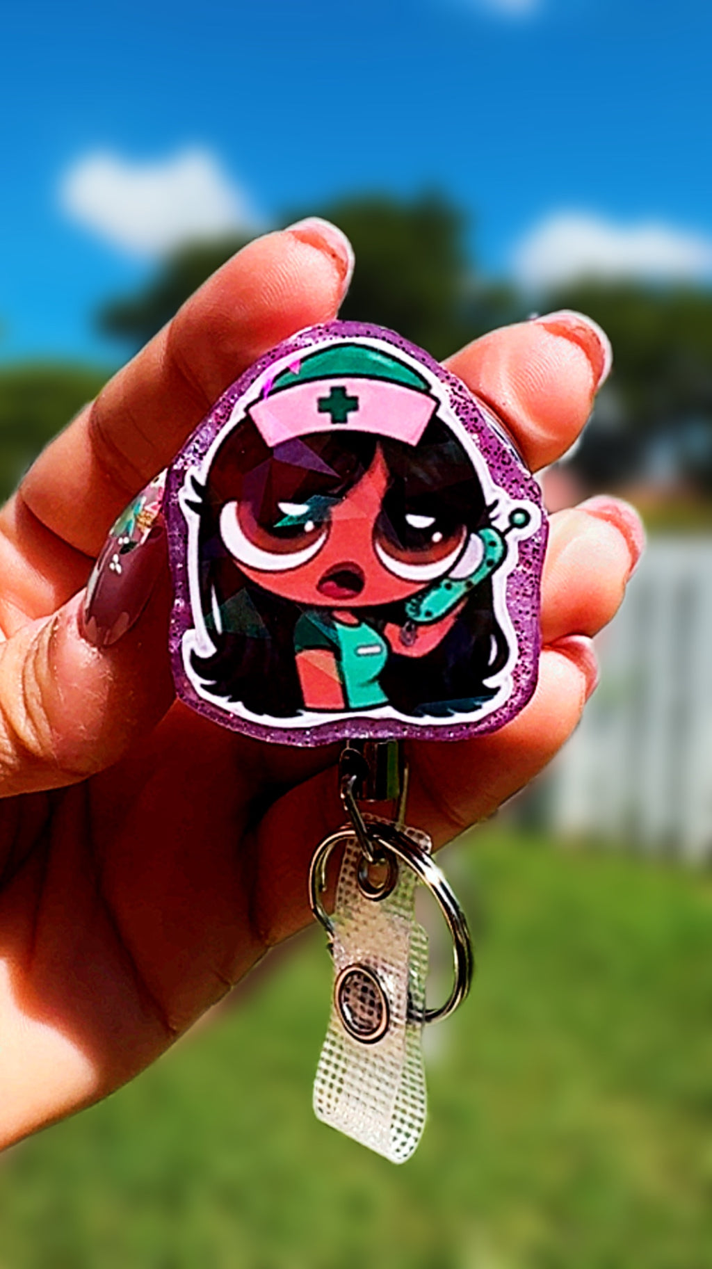 Personalized Holographic Powerpuff Nurse Badge Reel | Heavy Duty Retractable ID Badge Reel