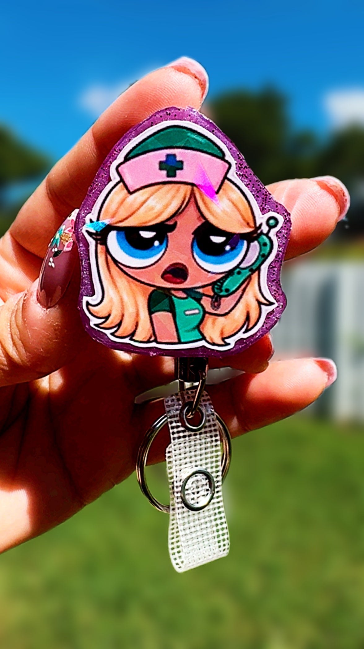 Personalized Holographic Powerpuff Nurse Badge Reel | Heavy Duty Retractable ID Badge Reel