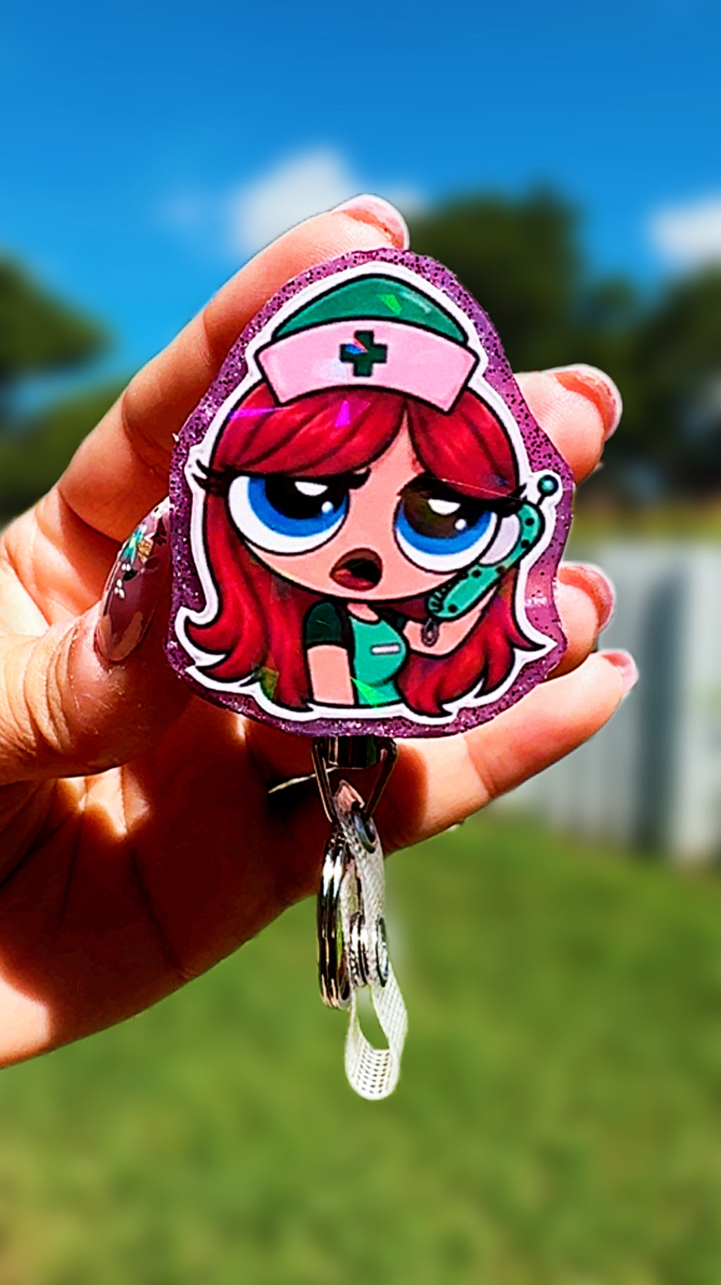 Personalized Holographic Powerpuff Nurse Badge Reel | Heavy Duty Retractable ID Badge Reel