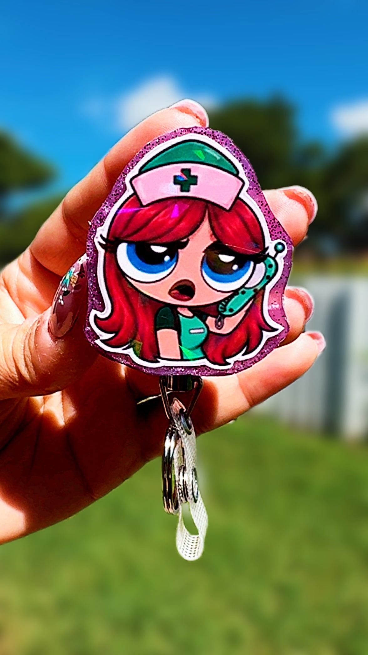 Personalized Holographic Powerpuff Nurse Badge Reel | Heavy Duty Retractable ID Badge Reel