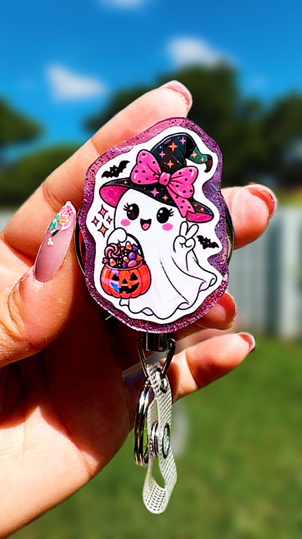 Holographic Halloween Ghost Badge Reel | Cute Vampire Pirate Witch Ghost ID Holder | Heavy Duty Retractable Badge Reel | Nurse Gift