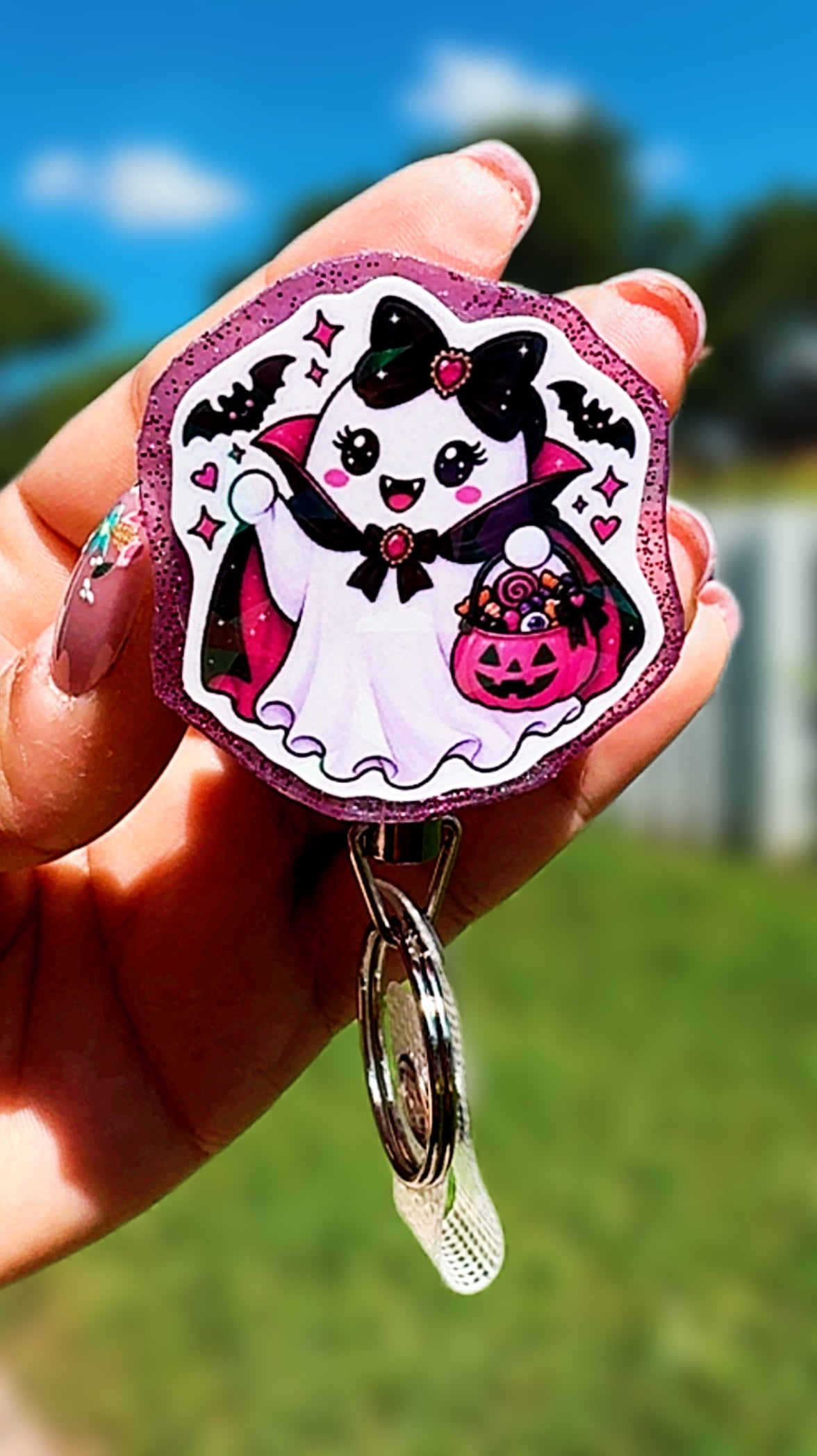 Holographic Halloween Ghost Badge Reel | Cute Vampire Pirate Witch Ghost ID Holder | Heavy Duty Retractable Badge Reel | Nurse Gift