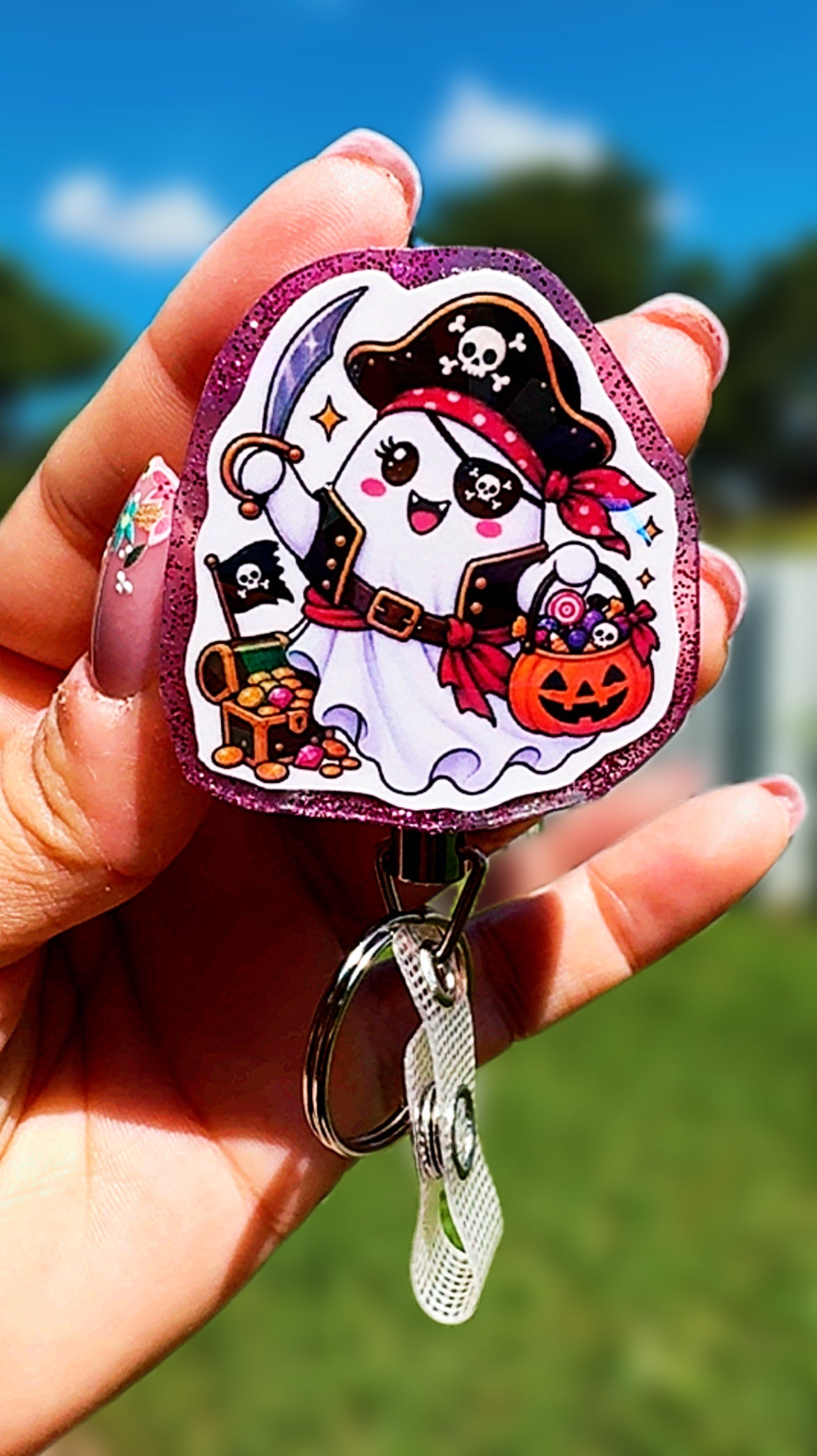 Holographic Halloween Ghost Badge Reel | Cute Vampire Pirate Witch Ghost ID Holder | Heavy Duty Retractable Badge Reel | Nurse Gift