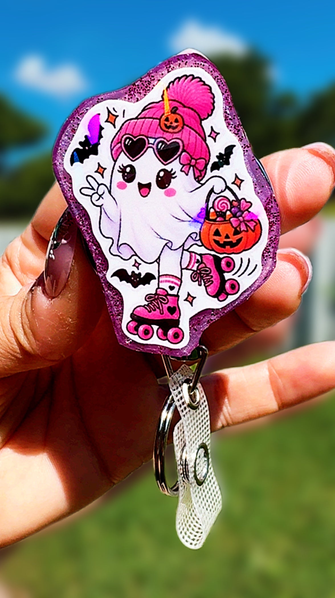 Holographic Halloween Ghost Badge Reel | Cute Vampire Pirate Witch Ghost ID Holder | Heavy Duty Retractable Badge Reel | Nurse Gift