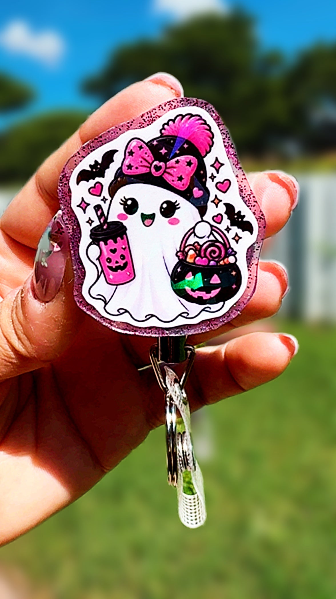 Holographic Halloween Ghost Badge Reel | Cute Vampire Pirate Witch Ghost ID Holder | Heavy Duty Retractable Badge Reel | Nurse Gift