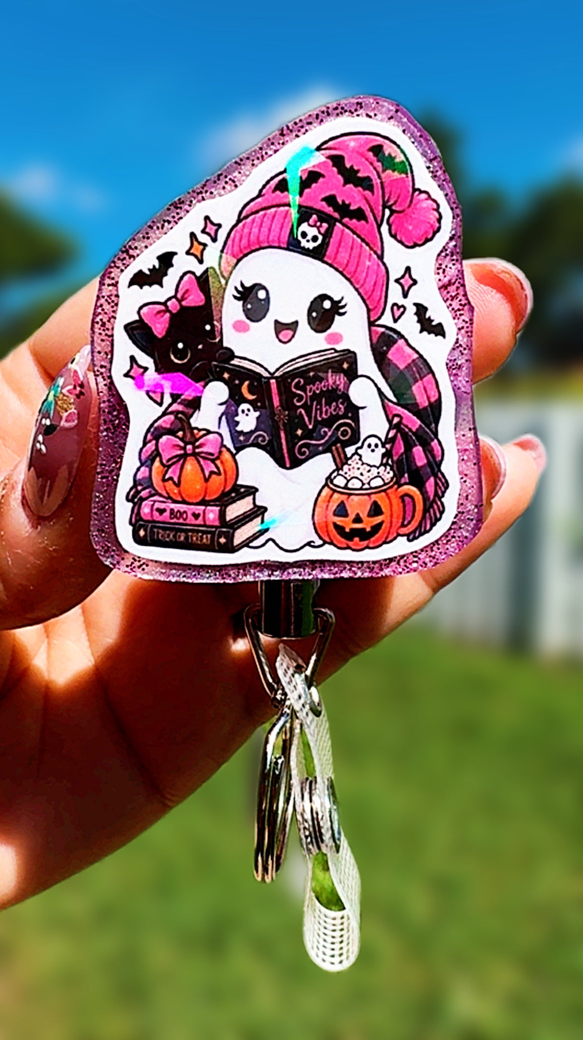 Holographic Halloween Ghost Badge Reel | Cute Vampire Pirate Witch Ghost ID Holder | Heavy Duty Retractable Badge Reel | Nurse Gift