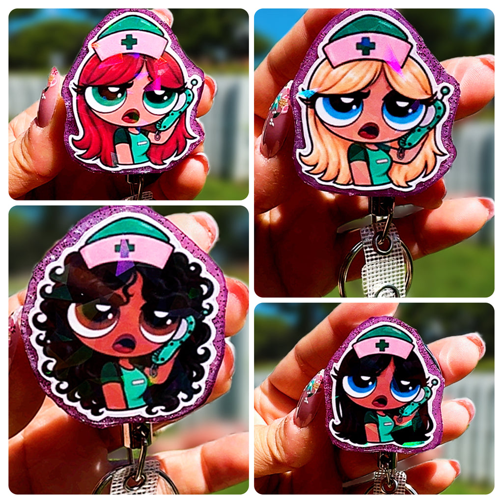 Personalized Holographic Powerpuff Nurse Badge Reel | Heavy Duty Retractable ID Badge Reel