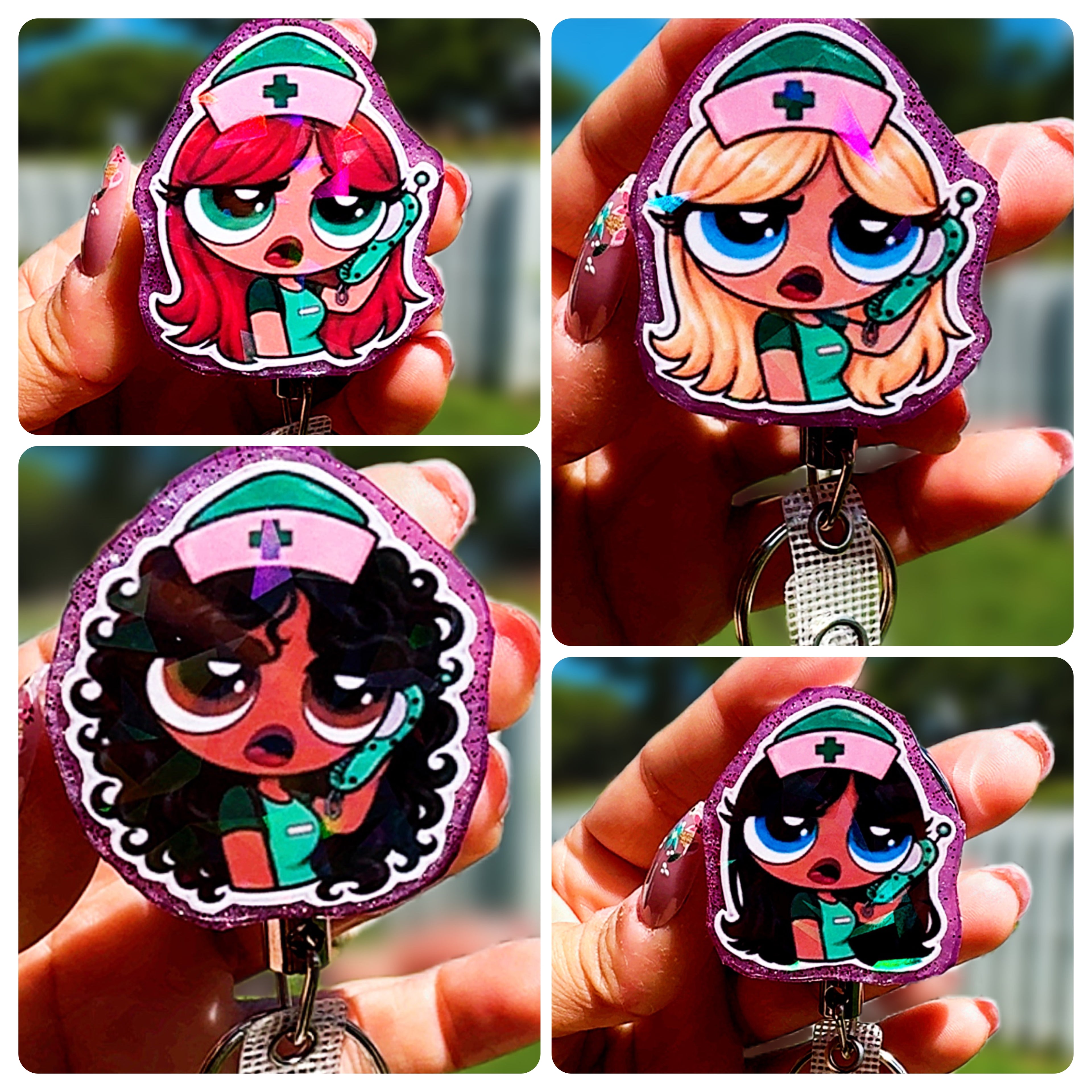 Personalized Holographic Powerpuff Nurse Badge Reel | Heavy Duty Retractable ID Badge Reel