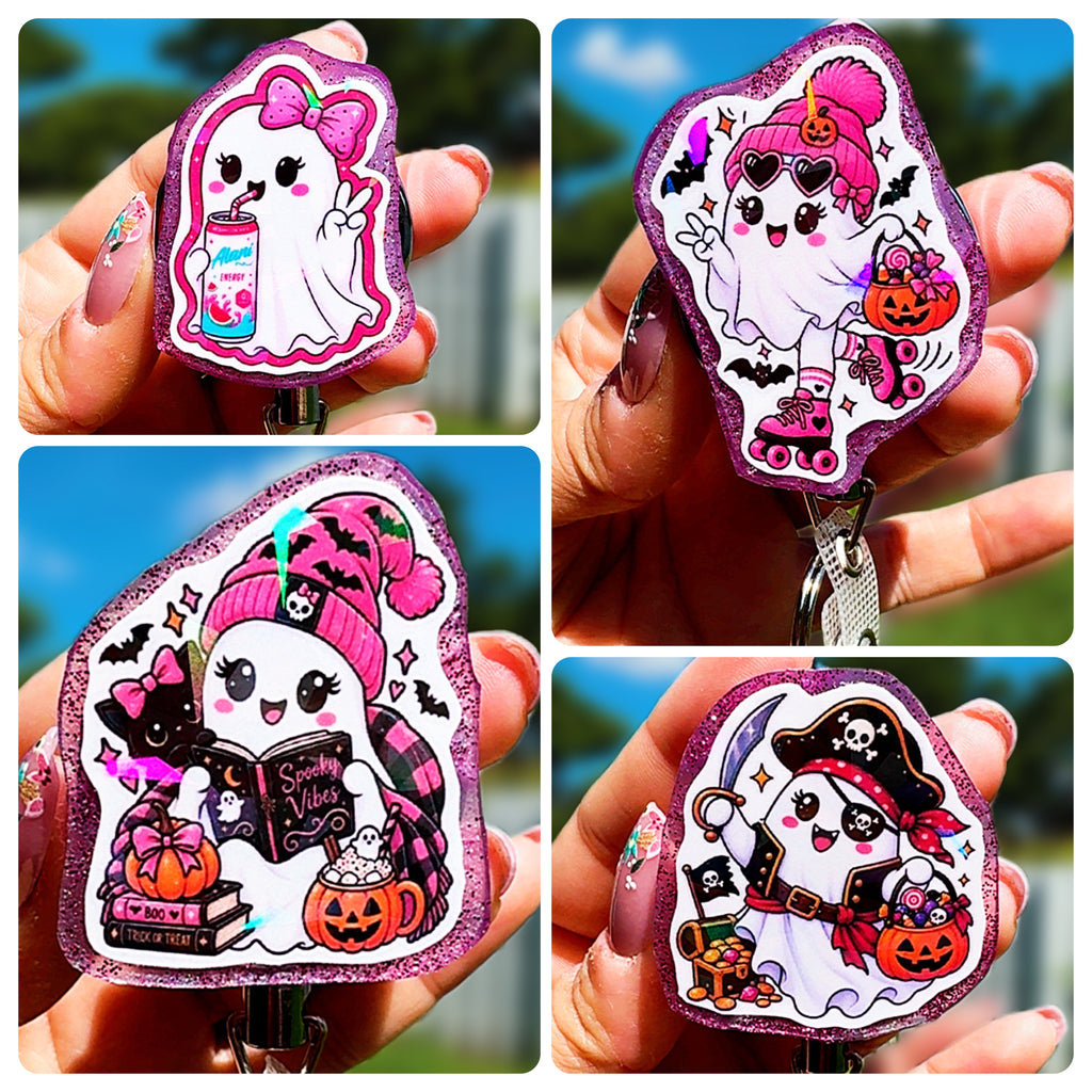 Holographic Halloween Ghost Badge Reel | Cute Vampire Pirate Witch Ghost ID Holder | Heavy Duty Retractable Badge Reel | Nurse Gift