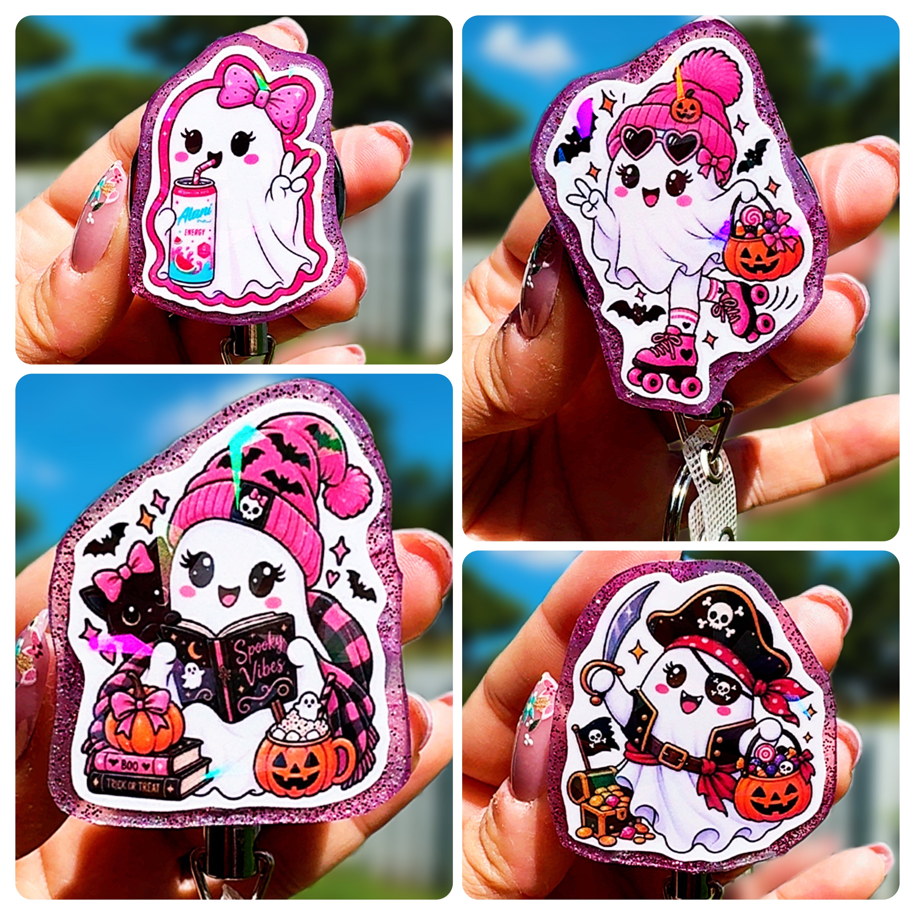 Holographic Halloween Ghost Badge Reel | Cute Vampire Pirate Witch Ghost ID Holder | Heavy Duty Retractable Badge Reel | Nurse Gift
