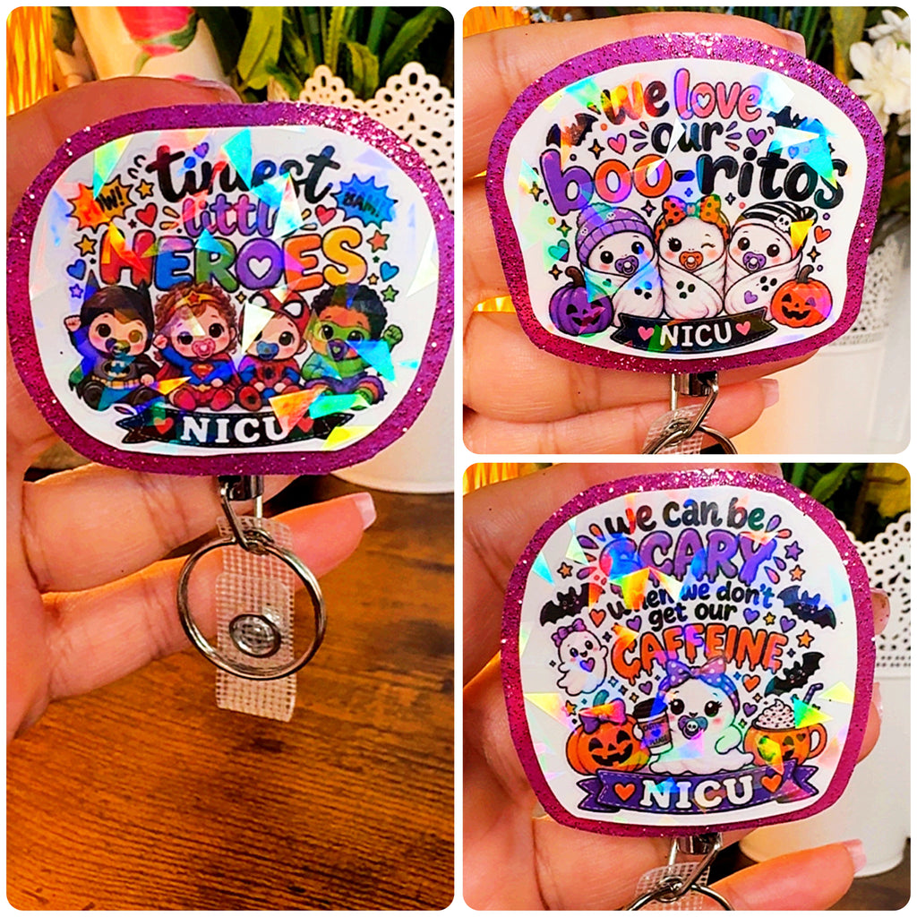 Holographic Halloween NICU Badge Reel | Cute Ghost Baby & Superhero Designs | Heavy Duty Retractable ID Badge Reel | NICU Nurse Gift