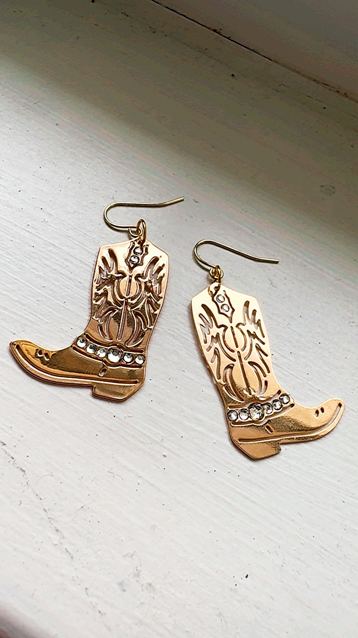 Western Cowgirl Boot Earrings | Gold Plated | Rhinestones