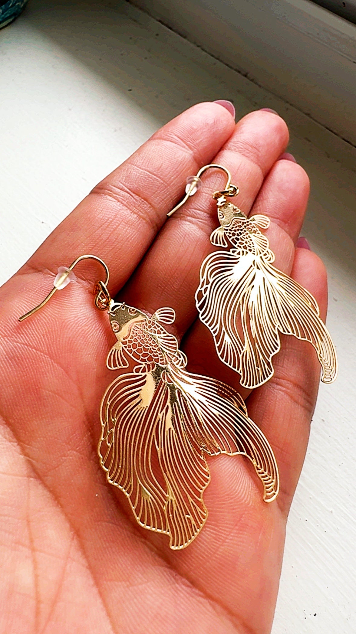 Golden Koi Fish Filigree Earrings