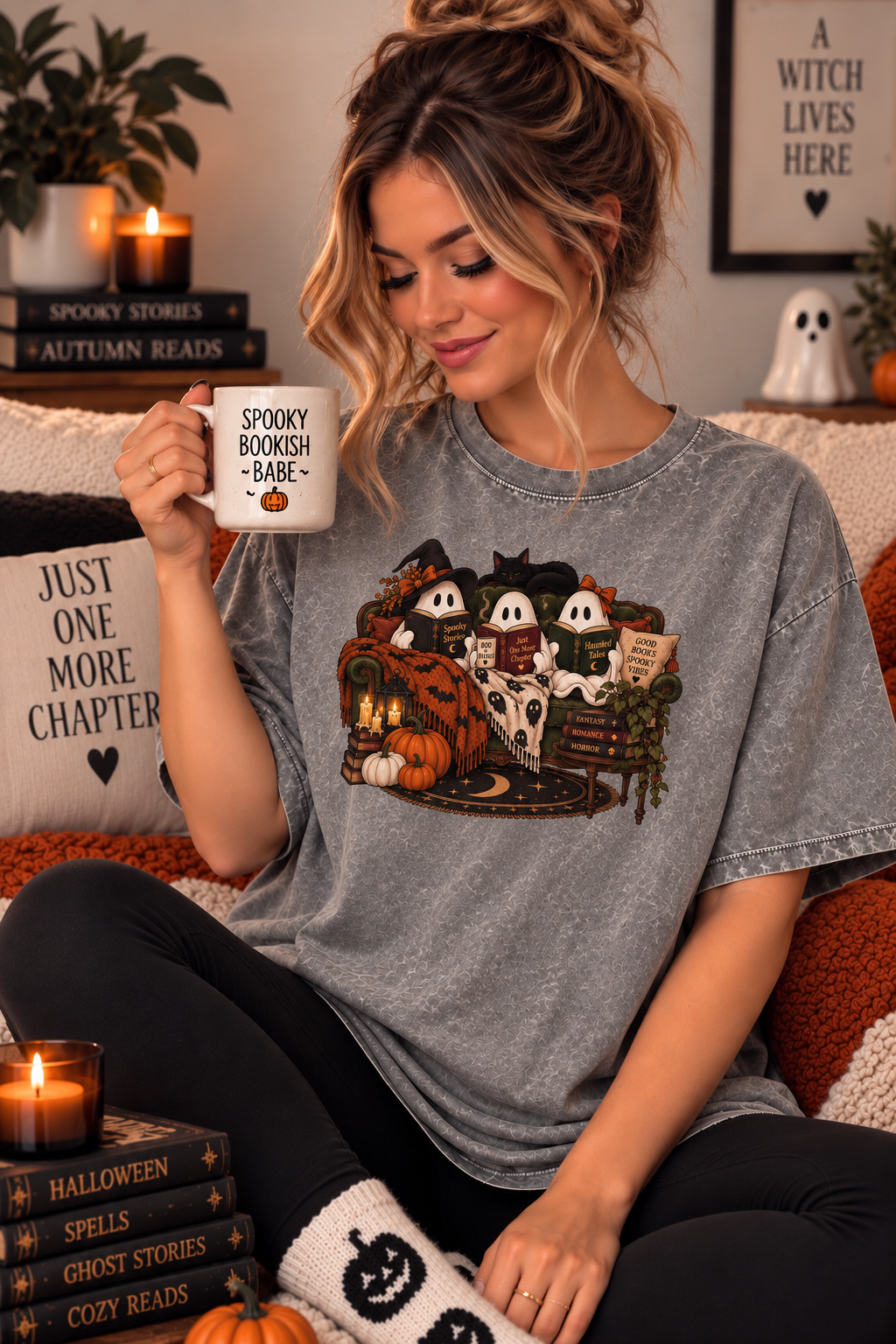 Bookish Ghost Party Cozy Acid Wash Tshirt