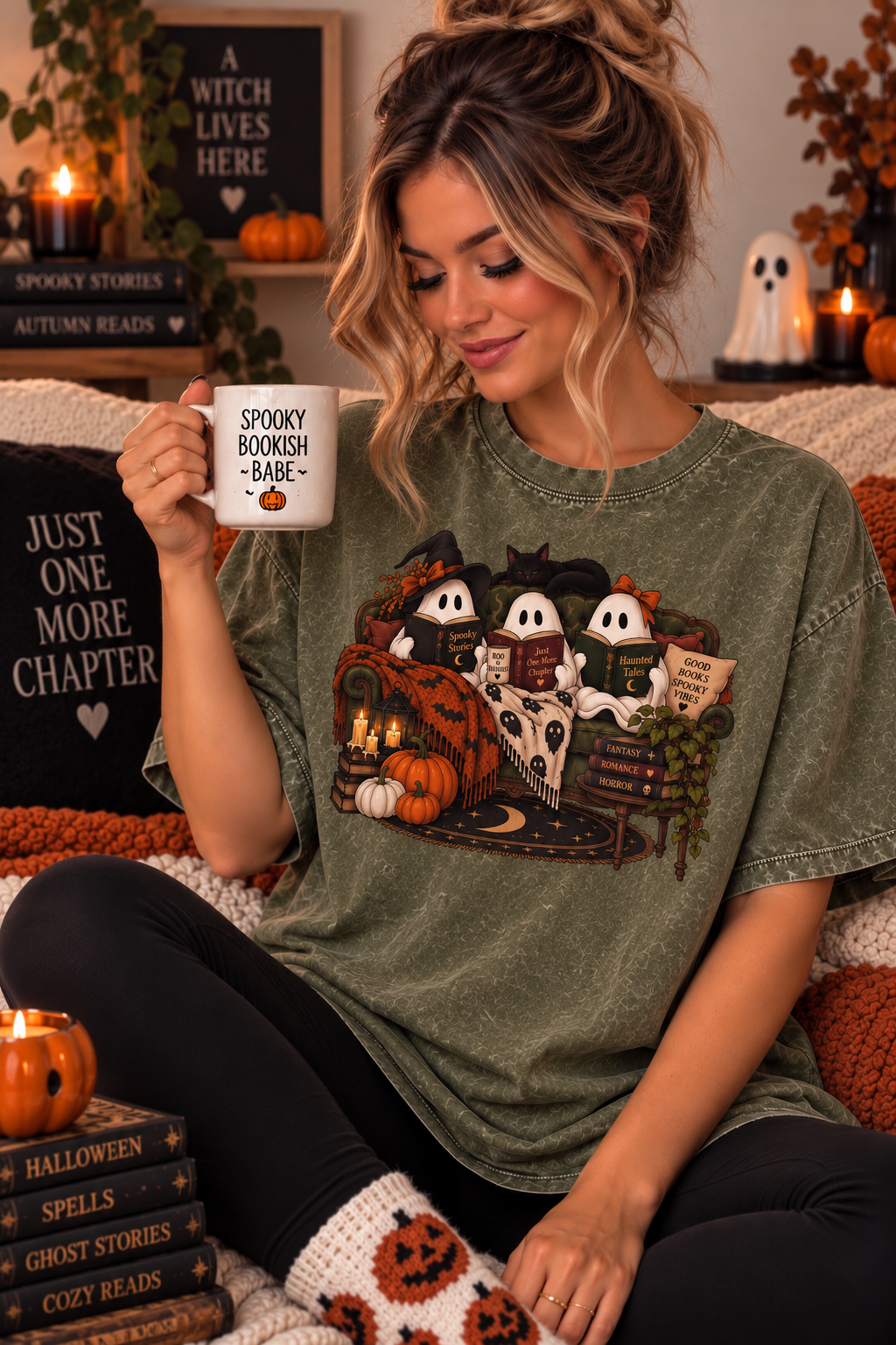 Bookish Ghost Party Cozy Acid Wash Tshirt
