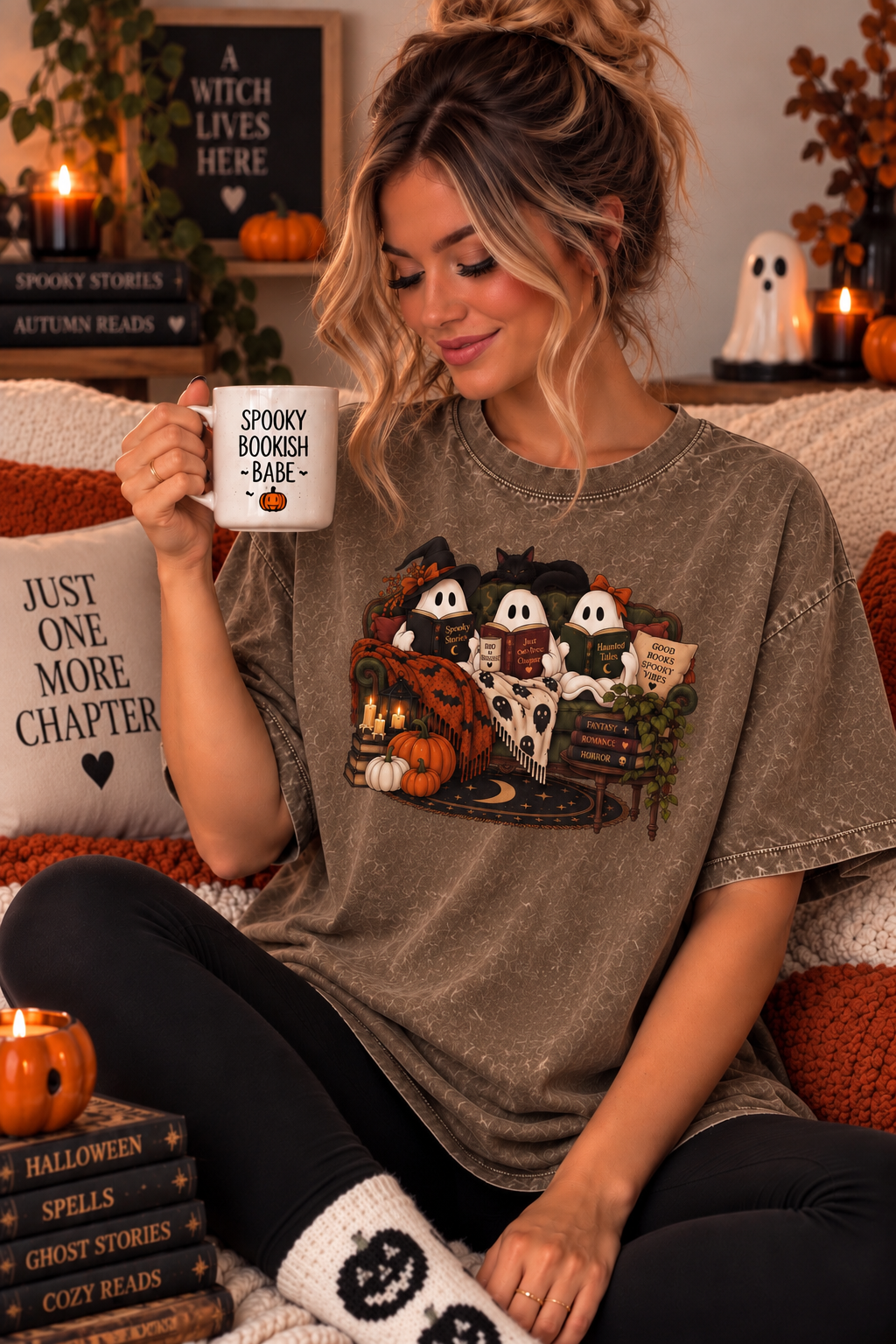Bookish Ghost Party Cozy Acid Wash Tshirt