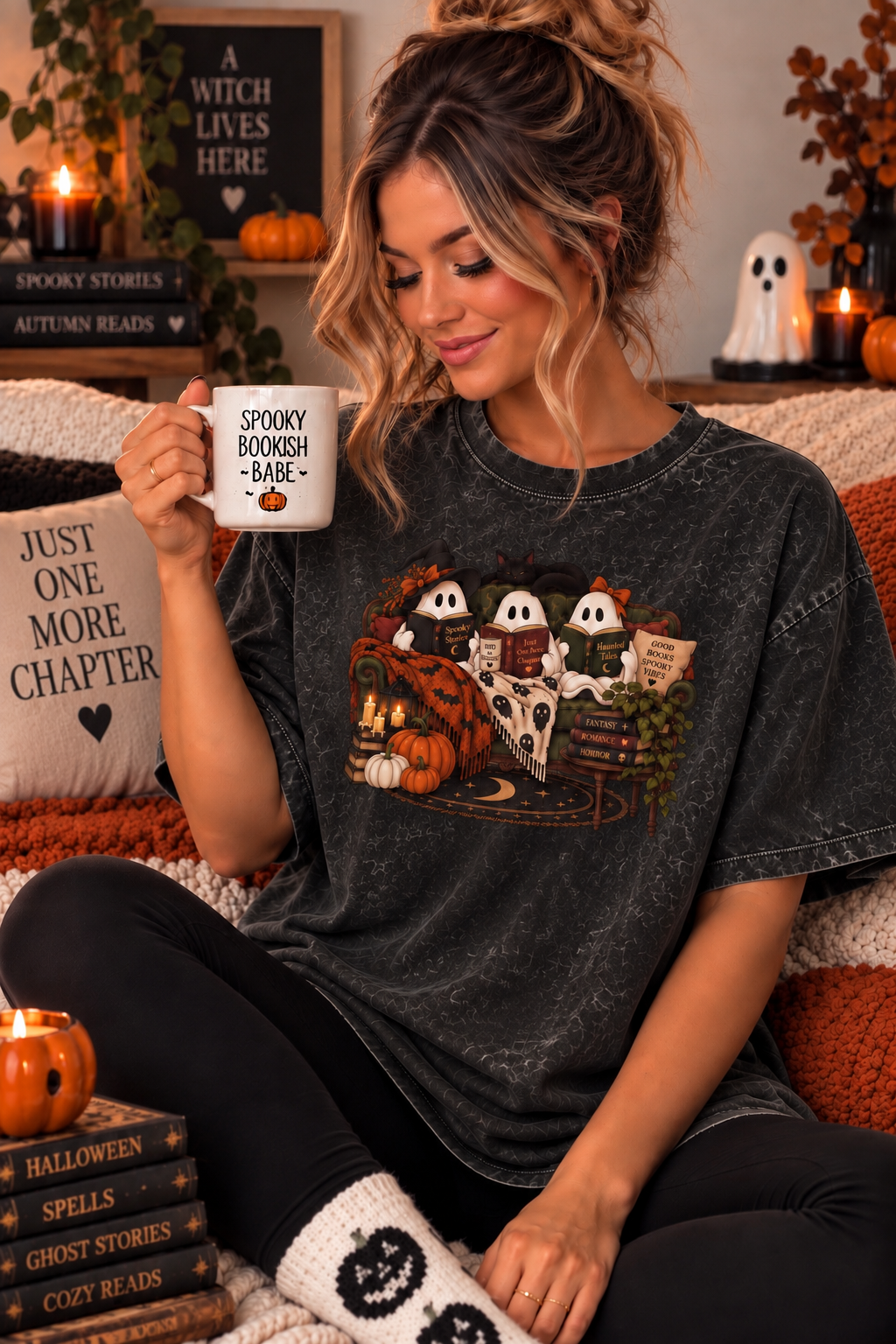 Bookish Ghost Party Cozy Acid Wash Tshirt