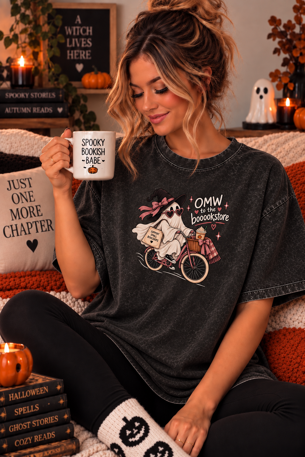 OMW To The Bookstore Ghostie Cozy Acid Wash Tshirt