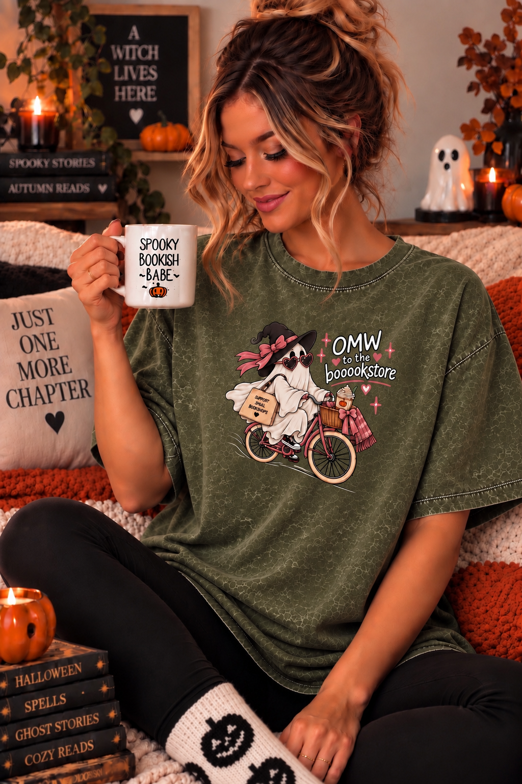 OMW To The Bookstore Ghostie Cozy Acid Wash Tshirt