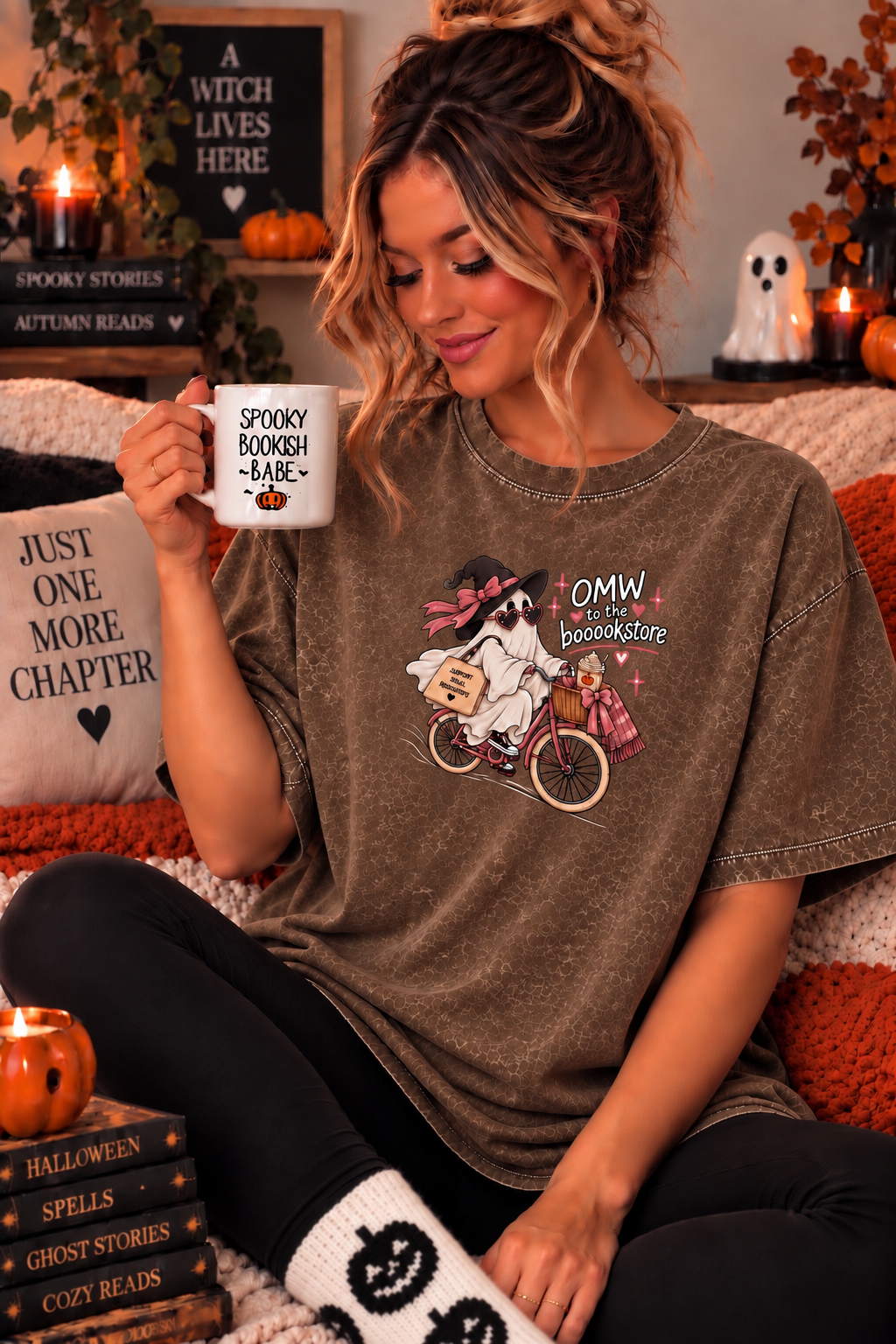 OMW To The Bookstore Ghostie Cozy Acid Wash Tshirt