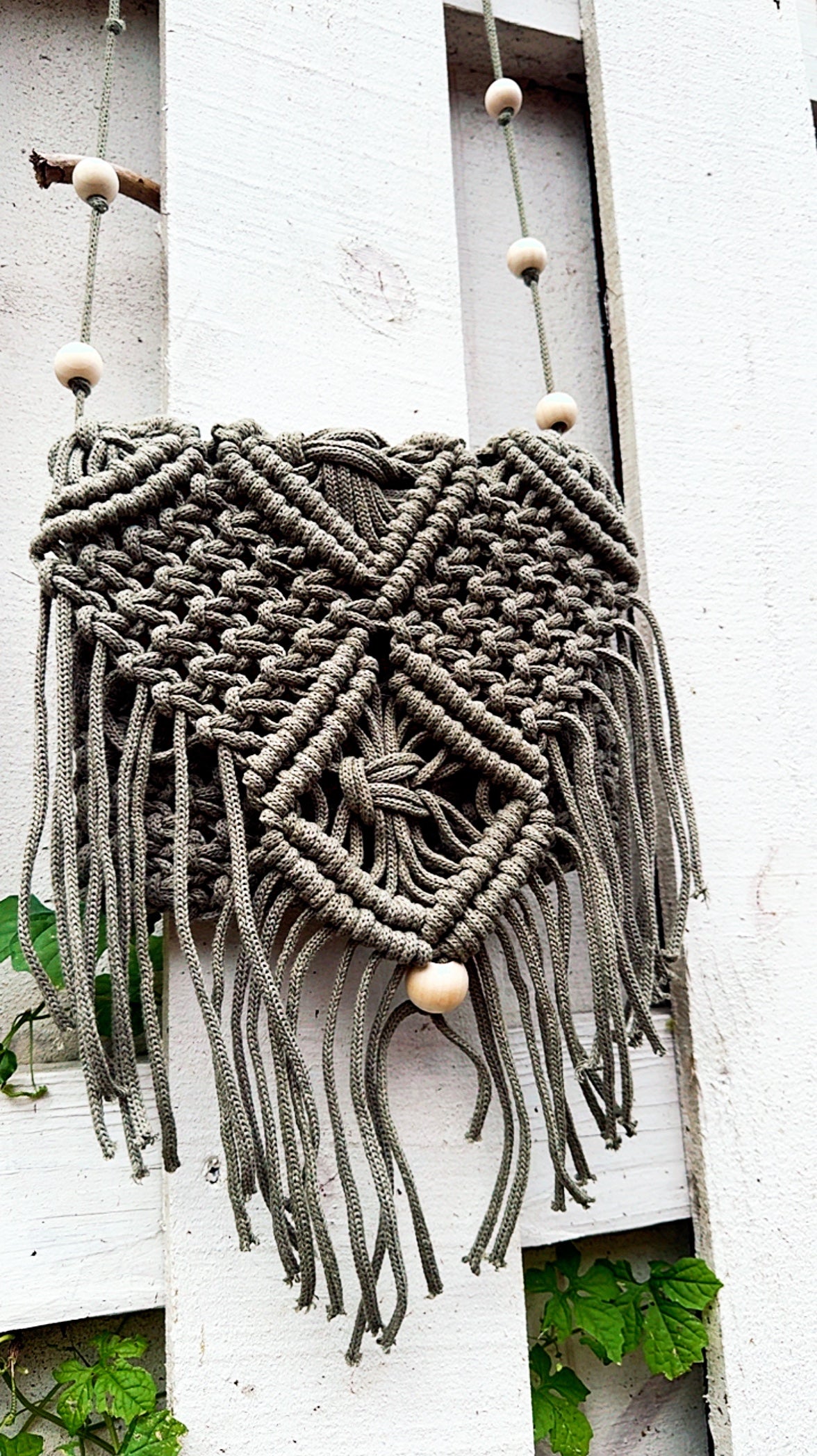Crossbody Bag Boho Fringe Purse - Handame Macrame with Wooden Bead Accents