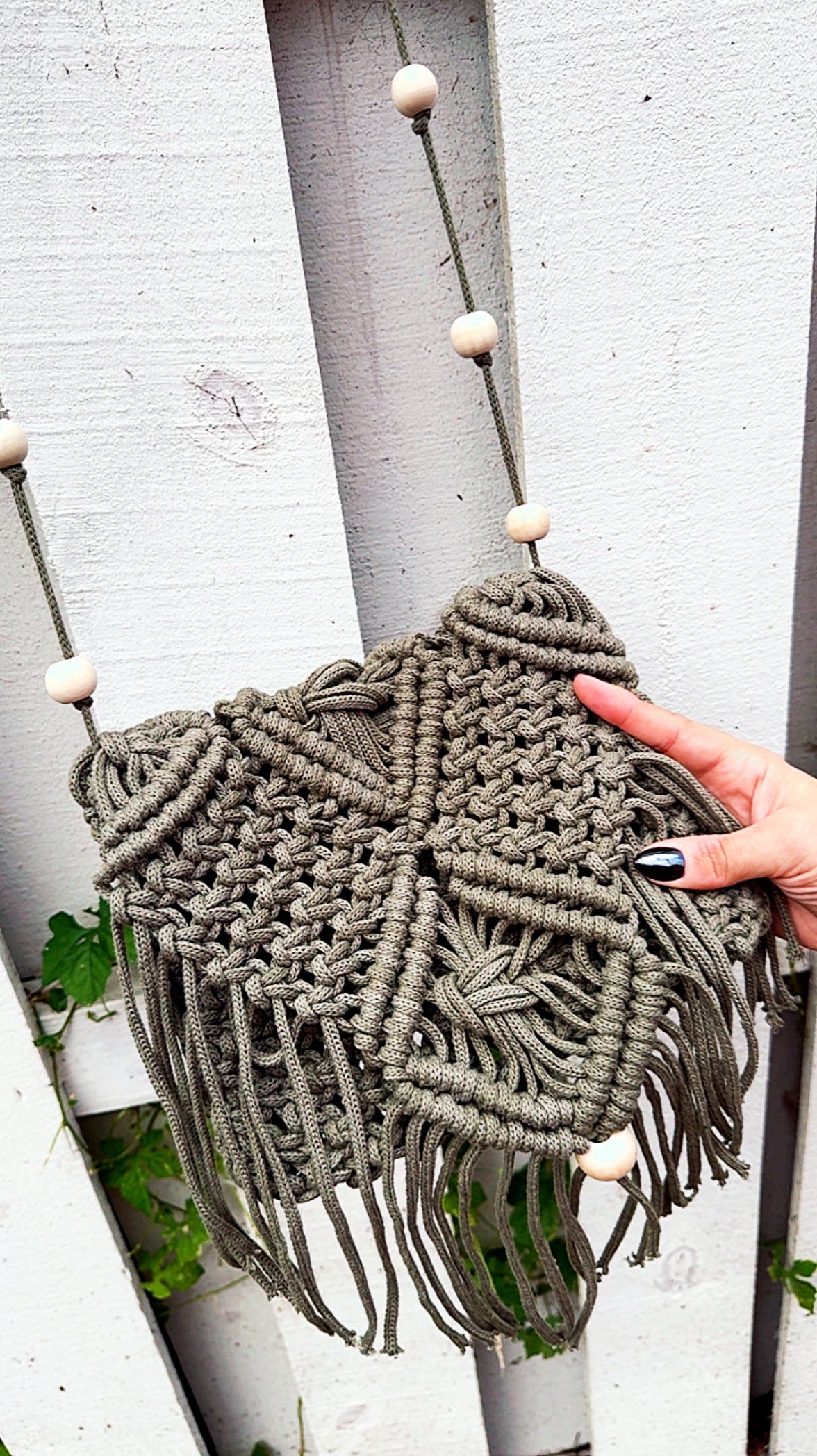 Crossbody Bag Boho Fringe Purse - Handame Macrame with Wooden Bead Accents