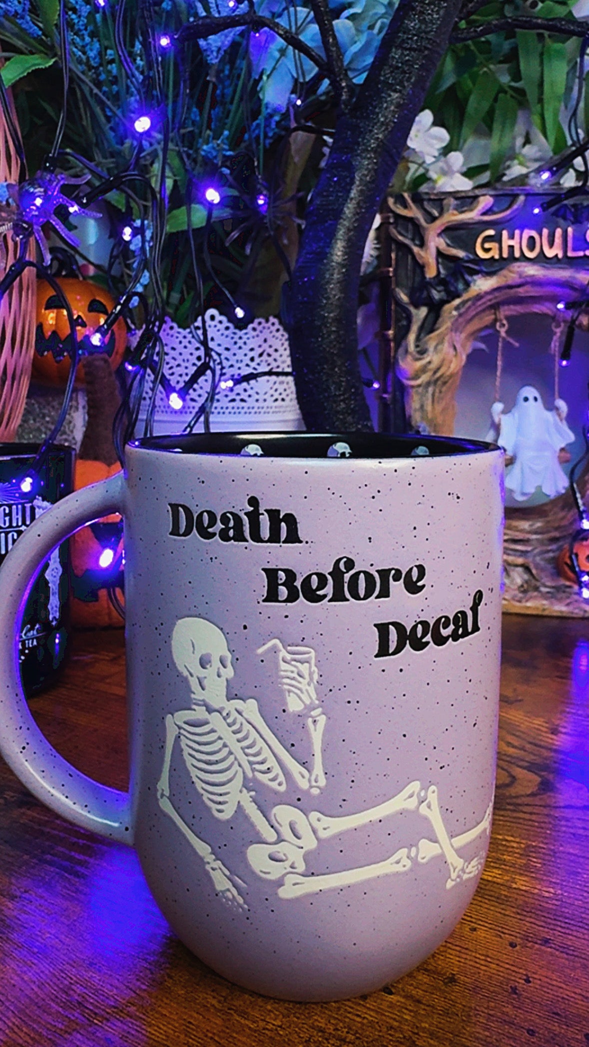 Death Before Decaf Bookish Ceramic Halloween Mug