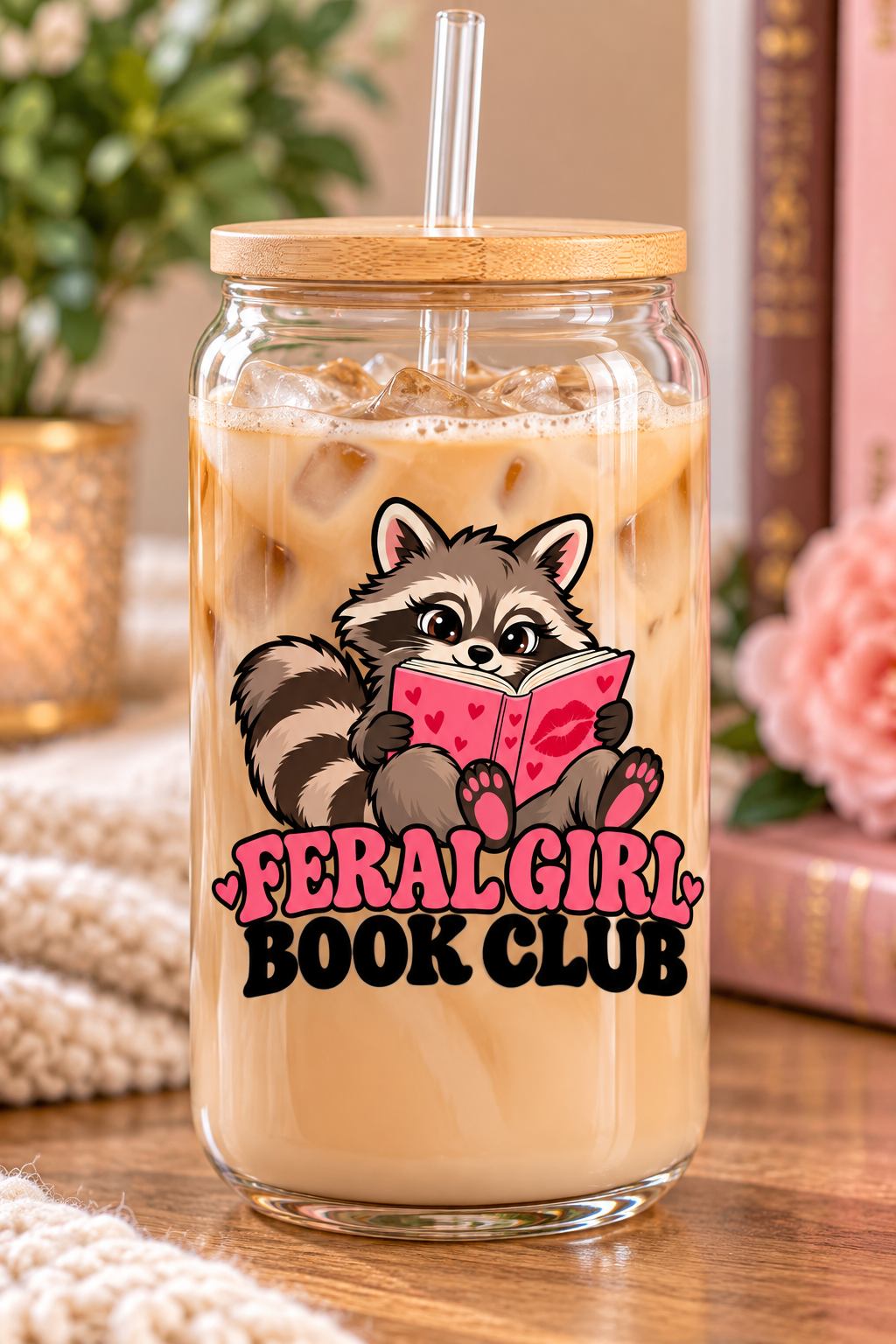 Feral Girl Book Club 18 oz Glass Tumbler with Bamboo Lid